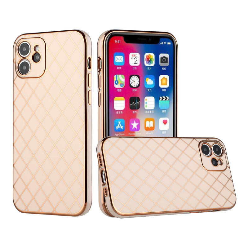 For iPhone 12 Pro Max 6.7 Electroplated Grid Diamond Lines TPU Case Cover - Rose Gold