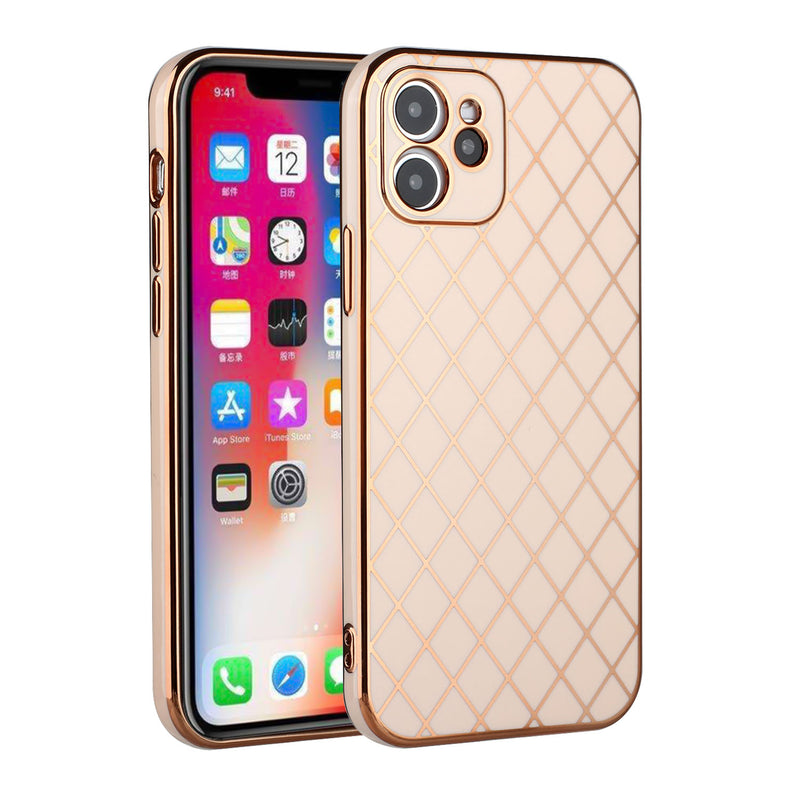 For iPhone 12 Pro Max 6.7 Electroplated Grid Diamond Lines TPU Case Cover - Rose Gold