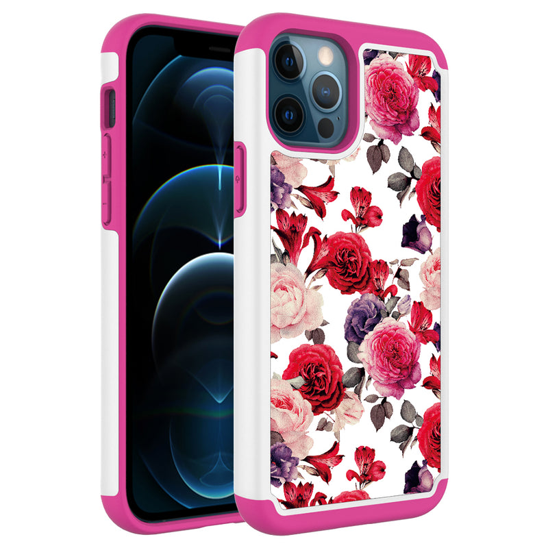For iPhone 12 Pro Max 6.7 Beautiful Design Leather Feel Tough Hybrid Case Cover - Antique Flowers