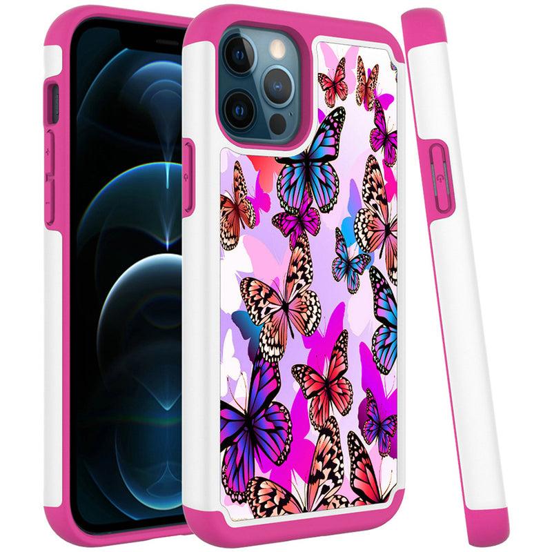 For iPhone 13 6.1 Beautiful Design Leather Feel Tuff Hybrid Case Cover - Colorful Butterflies