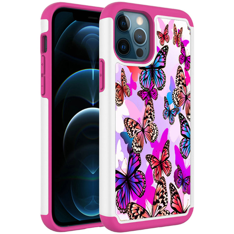 For iPhone 13 6.1 Beautiful Design Leather Feel Tuff Hybrid Case Cover - Colorful Butterflies