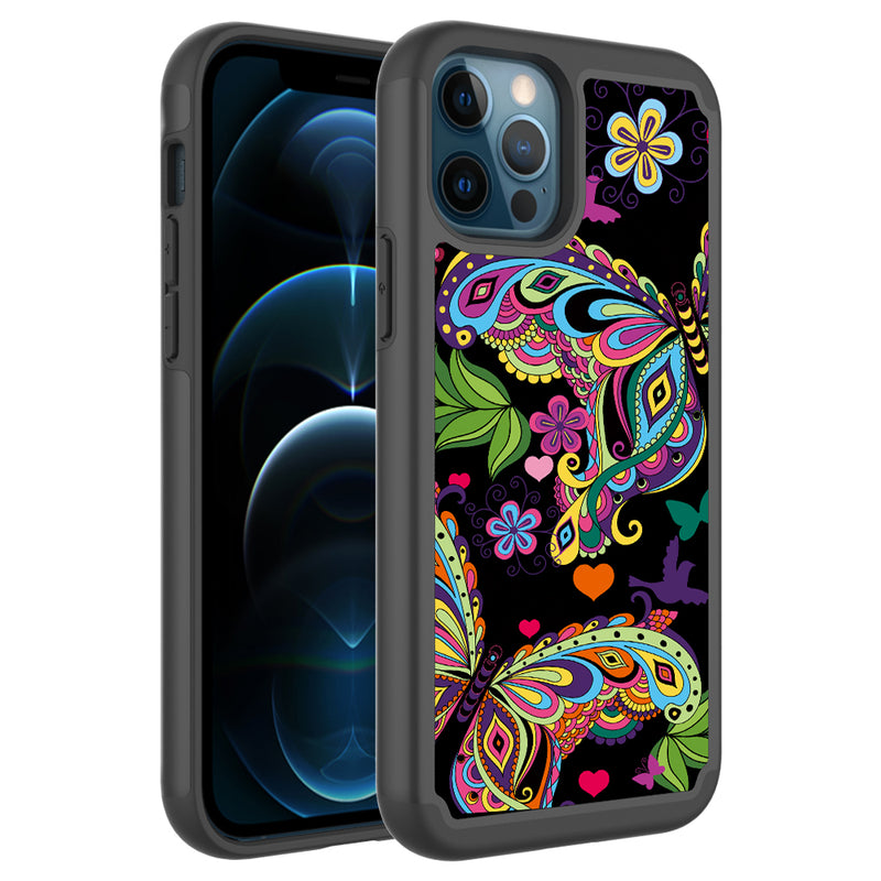 For iPhone 12 Pro Max 6.7 Beautiful Design Leather Feel Tough Hybrid Case Cover - Enchanted Butterfly