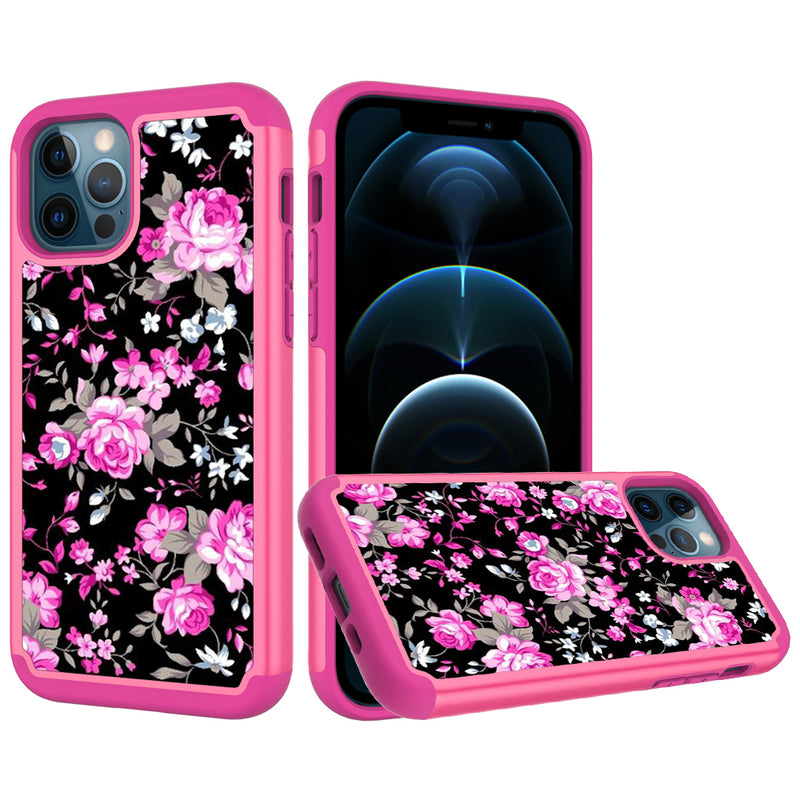 For iPhone 12 Pro Max 6.7 Beautiful Design Leather Feel Tough Hybrid Case Cover - Roses