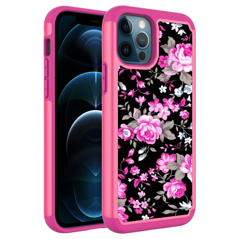 For iPhone 12 Pro Max 6.7 Beautiful Design Leather Feel Tough Hybrid Case Cover - Roses