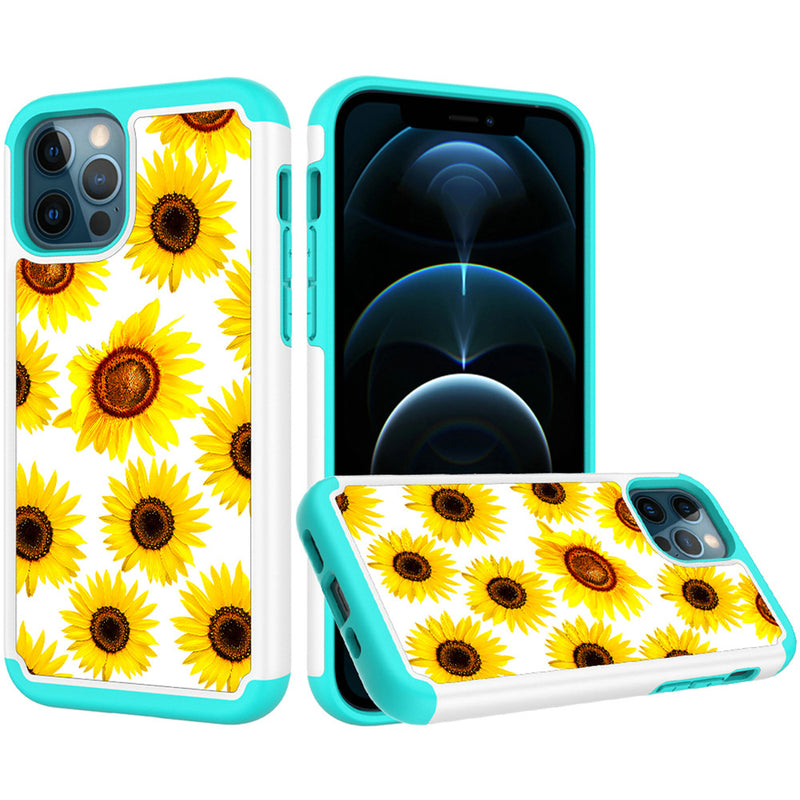 For iPhone 13 6.1 Beautiful Design Leather Feel Tuff Hybrid Case Cover - Sun Flower