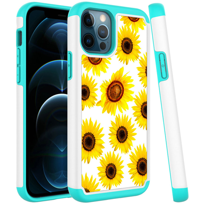 For iPhone 13 6.1 Beautiful Design Leather Feel Tuff Hybrid Case Cover - Sun Flower