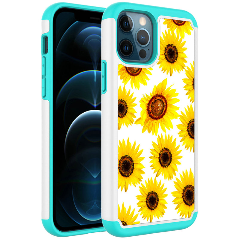 For iPhone 13 6.1 Beautiful Design Leather Feel Tuff Hybrid Case Cover - Sun Flower