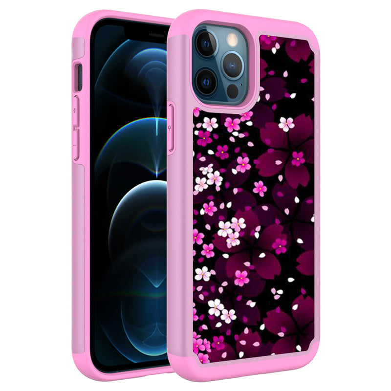 For iPhone 12 Pro Max 6.7 Beautiful Design Leather Feel Tough Hybrid Case Cover - Vibrant Flowers
