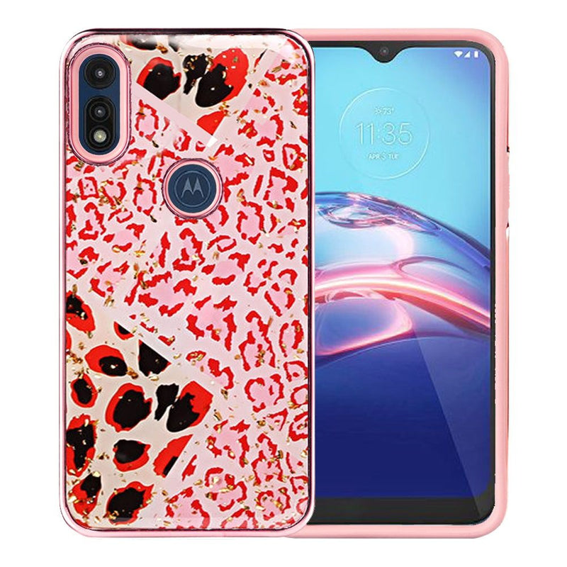 For Motorola Moto E (2020) Luxury Chrome Glitter Design Case Cover - Rose Gold Safari