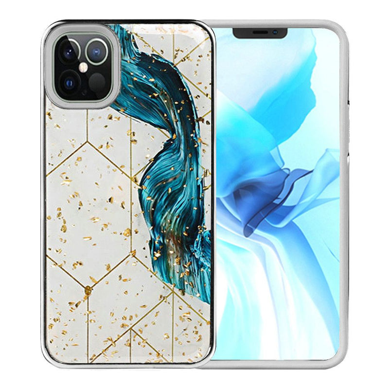 For iPhone 12/Pro (6.1 Only) Luxury Chrome Glitter Design Case Cover - Blue Swirl