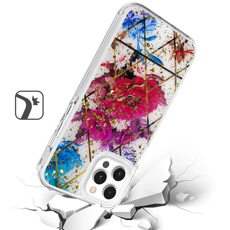 For iPhone 12 Pro Max 6.7 Magnificent Epoxy Glitter Design Hybrid Case Cover - Bouquet Floral