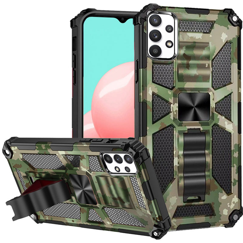 For Samsung A32 5G Machine Design Magnetic Kickstand Case Cover - Camo Green