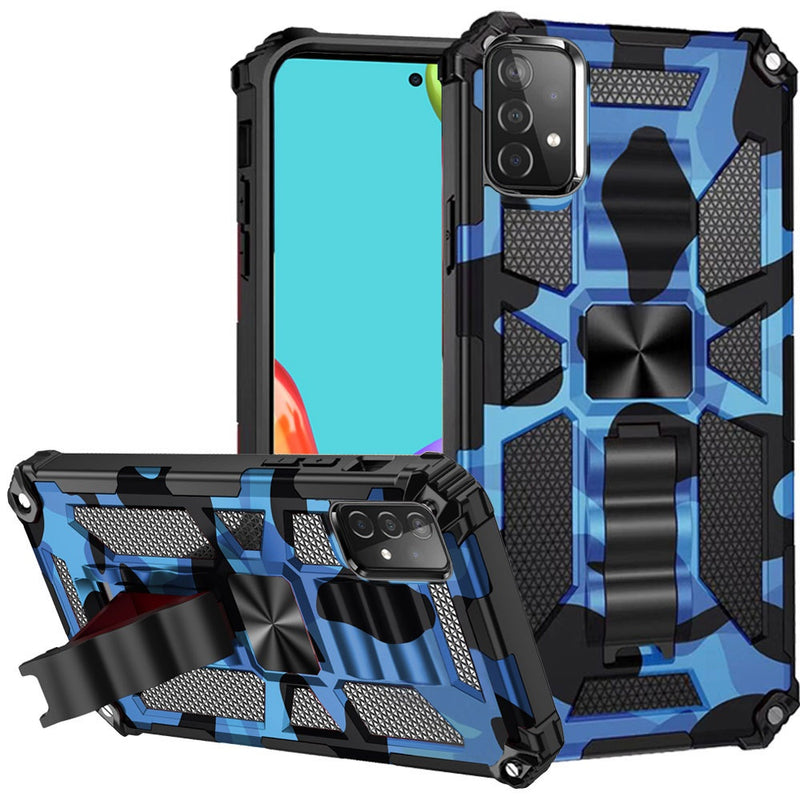 For Samsung Galaxy A52 5G Machine Design Magnetic Kickstand Case Cover - Camo Blue