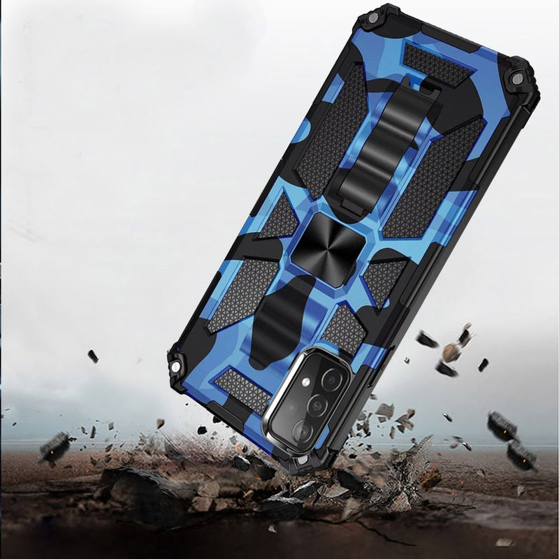 For Samsung Galaxy A52 5G Machine Design Magnetic Kickstand Case Cover - Camo Blue