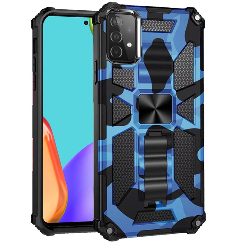 For Samsung Galaxy A52 5G Machine Design Magnetic Kickstand Case Cover - Camo Blue