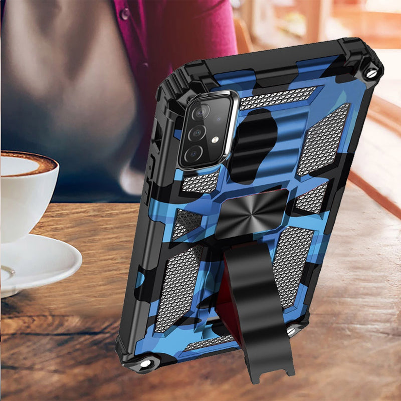 For Samsung Galaxy A52 5G Machine Design Magnetic Kickstand Case Cover - Camo Blue