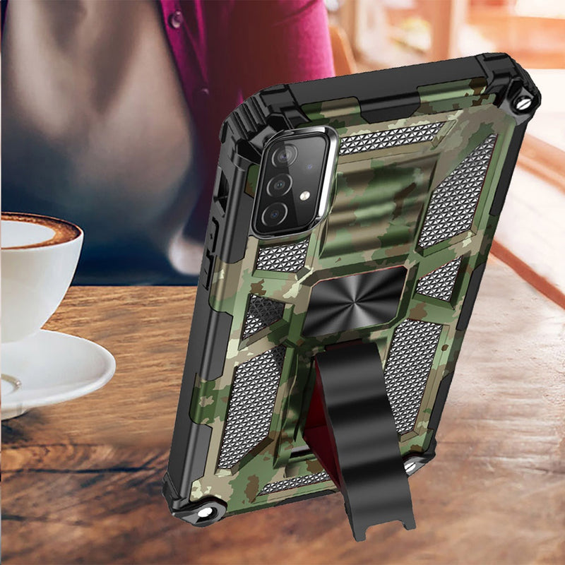 For Samsung Galaxy A52 5G Machine Design Magnetic Kickstand Case Cover - Camo Green