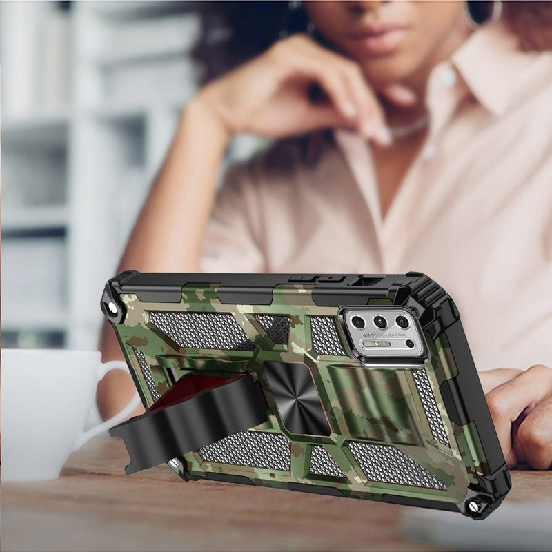 For Moto G Stylus 2021 Machine Design Magnetic Kickstand Case Cover - Camo Green