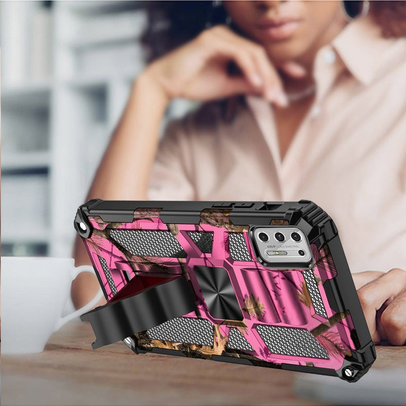 For Moto G Stylus 2021 Machine Design Magnetic Kickstand Case Cover - Camo Pink