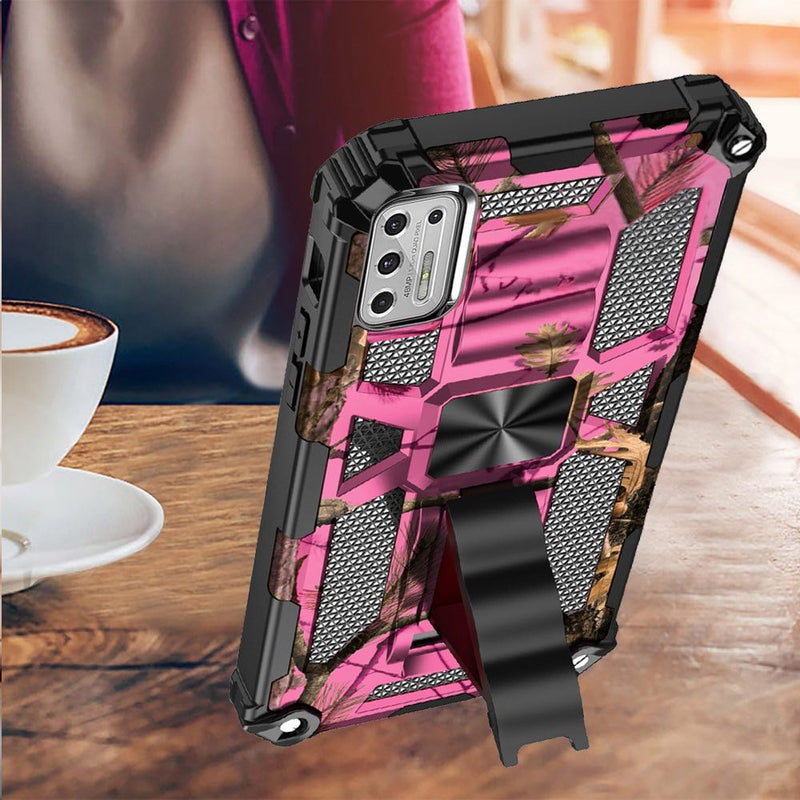 For Moto G Stylus 2021 Machine Design Magnetic Kickstand Case Cover - Camo Pink