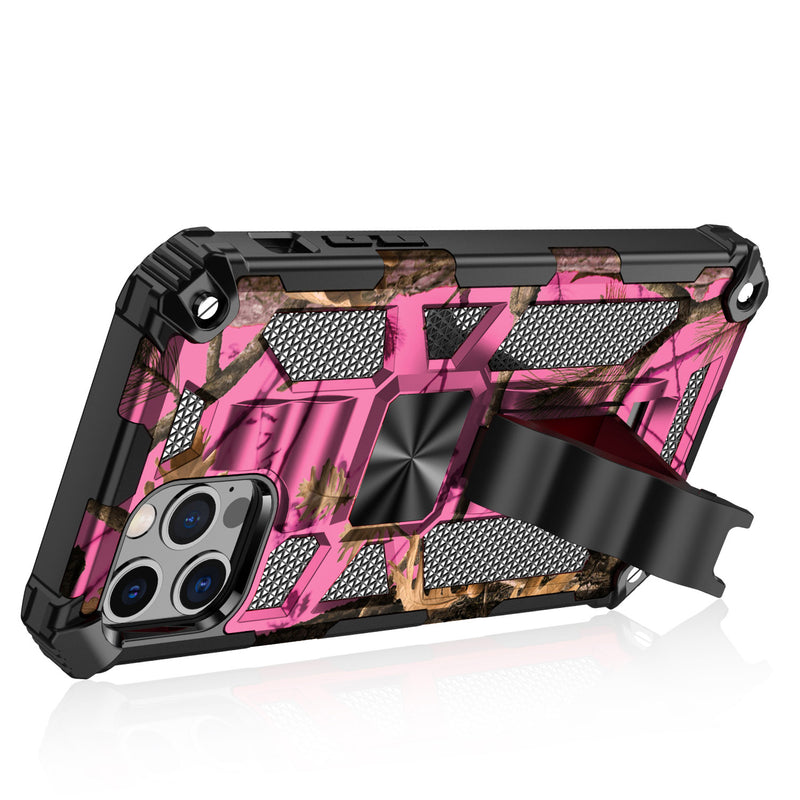 For iPhone 13 6.1 Machine Design Magnetic Kickstand Case Cover - Camo Pink