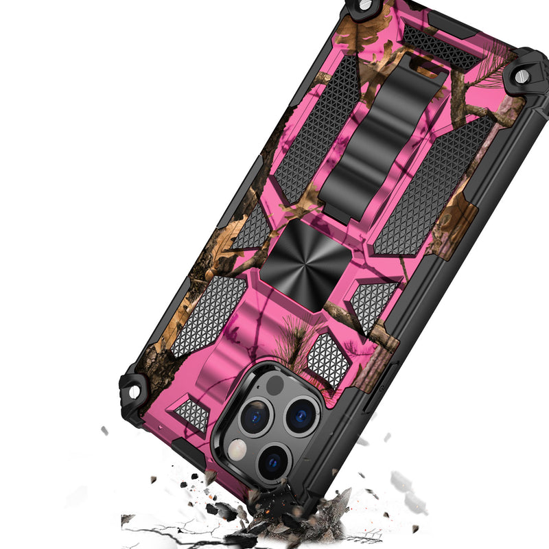 For iPhone 13 6.1 Machine Design Magnetic Kickstand Case Cover - Camo Pink