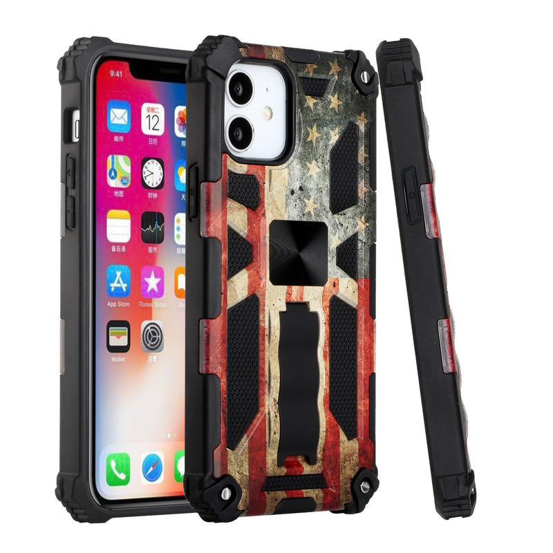 For iPhone 13 6.1 Machine Design Magnetic Kickstand Case Cover - Flag Camo