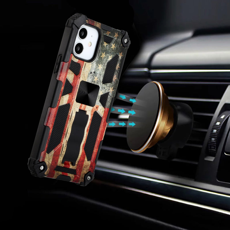 For iPhone 13 6.1 Machine Design Magnetic Kickstand Case Cover - Flag Camo