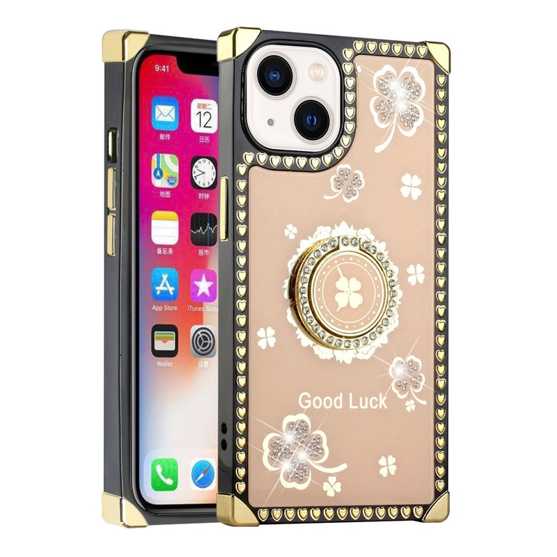 For Apple iPhone 14 PRO 6.1" Passion Square Hearts Diamond Glitter Ornaments Engraving Case Cover - Good Luck Floral Gold