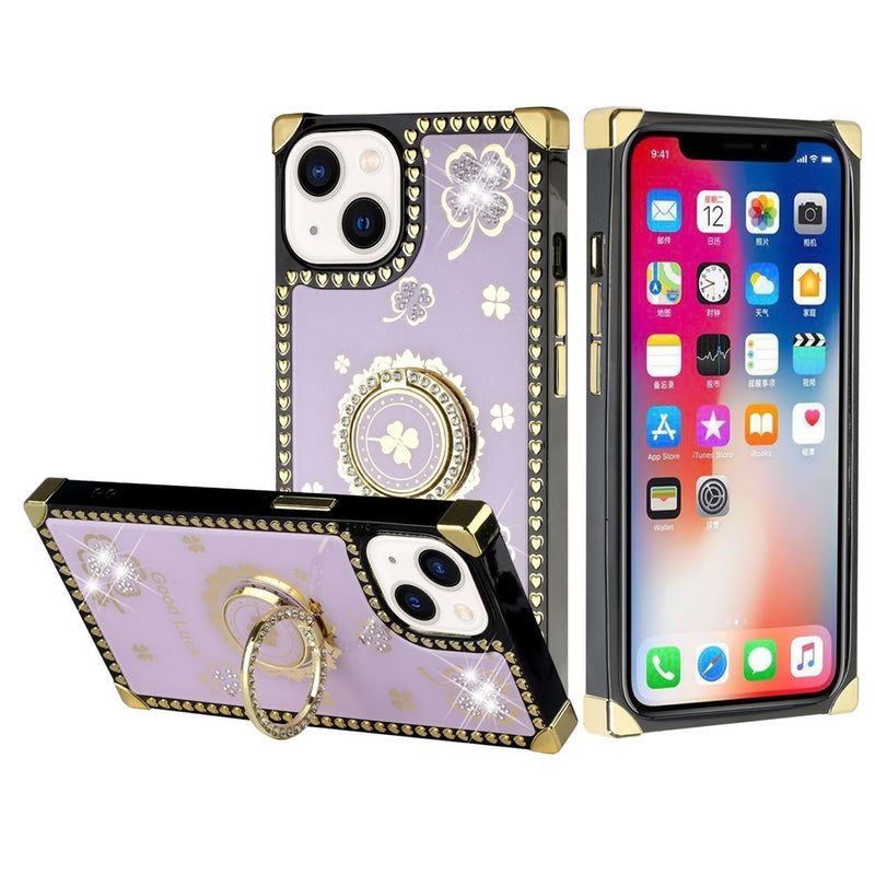 For Apple iPhone 14 PRO 6.1" Passion Square Hearts Diamond Glitter Ornaments Engraving Case Cover - Good Luck Floral Purple