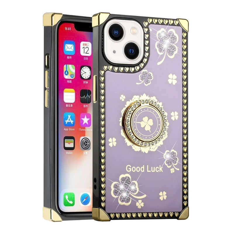 For Apple iPhone 14 PRO 6.1" Passion Square Hearts Diamond Glitter Ornaments Engraving Case Cover - Good Luck Floral Purple