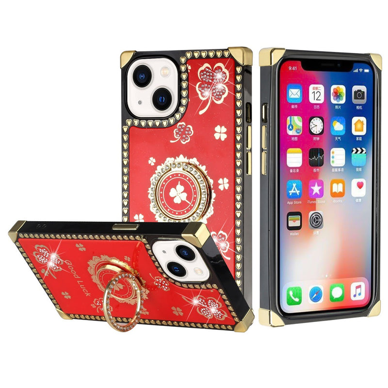 For Apple iPhone 14 PRO 6.1" Passion Square Hearts Diamond Glitter Ornaments Engraving Case Cover - Good Luck Floral Red