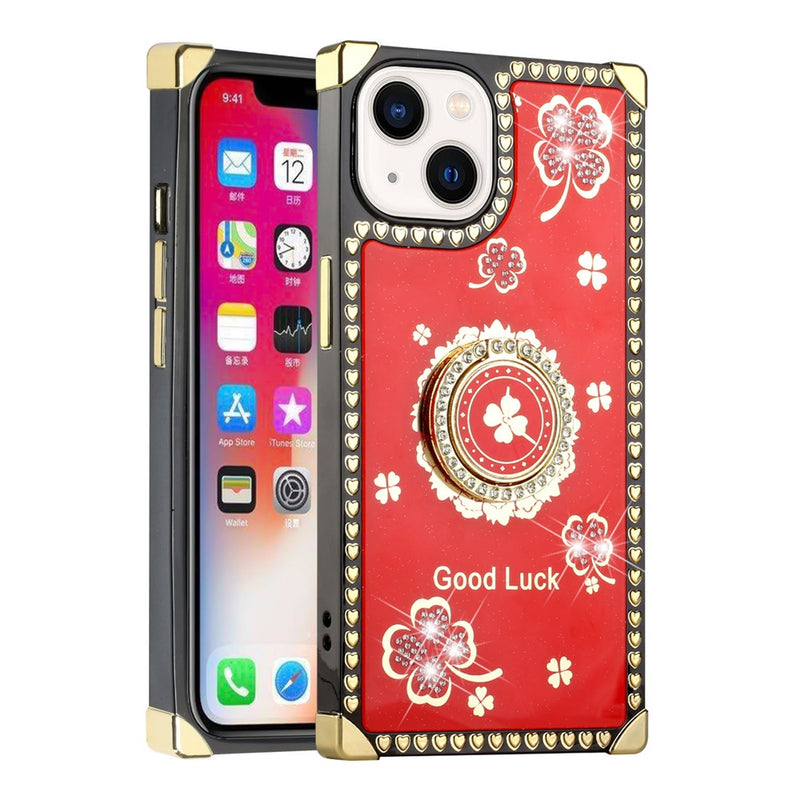 For Apple iPhone 14 PRO 6.1" Passion Square Hearts Diamond Glitter Ornaments Engraving Case Cover - Good Luck Floral Red