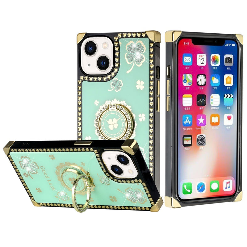 For Apple iPhone 14 PRO MAX 6.7" Passion Square Hearts Diamond Glitter Ornaments Engraving Case Cover - Good Luck Floral Teal