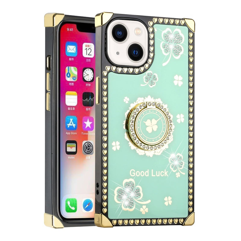 For Apple iPhone 14 PRO 6.1" Passion Square Hearts Diamond Glitter Ornaments Engraving Case Cover - Good Luck Floral Teal