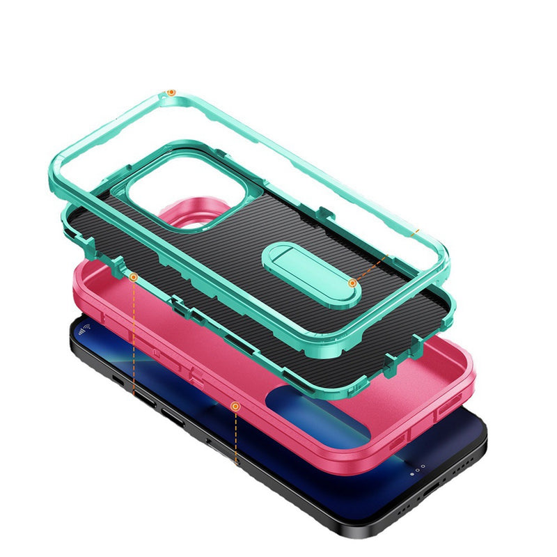 For Apple iPhone 14 PRO 6.1" PEAK 3in1 Toughest Hybrid with Stand Cover Case - Teal/Hot Pink
