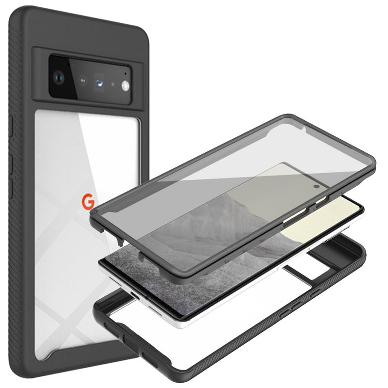 For Google Pixel 6 ShockProof Bumper Case with PET Screen Protector Case Cover - Clear/Black