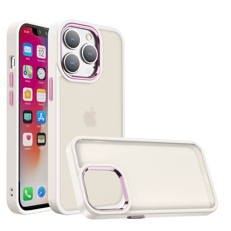 For Apple iPhone 14 PRO 6.1" Polished Oil Thick Acrylic Metal Button Hybrid Case Cover - Beige