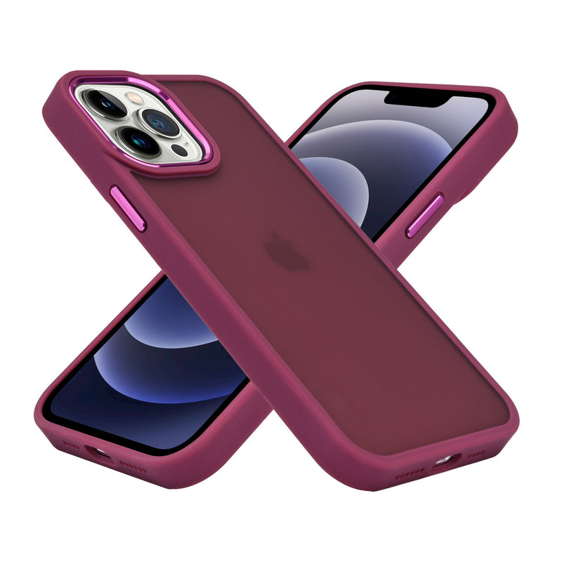 For Apple iPhone 14 PRO 6.1" Polished Oil Thick Acrylic Metal Button Hybrid Case Cover - Burgundy