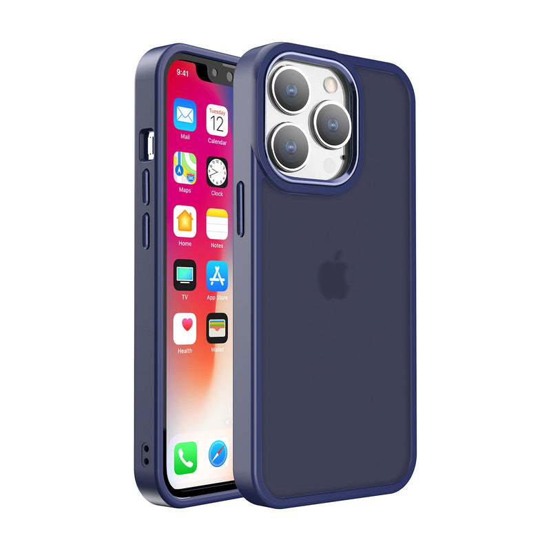 For Apple iPhone 14 PRO MAX 6.7" Polished Oil Thick Acrylic Metal Button Hybrid Case Cover - Dark Blue