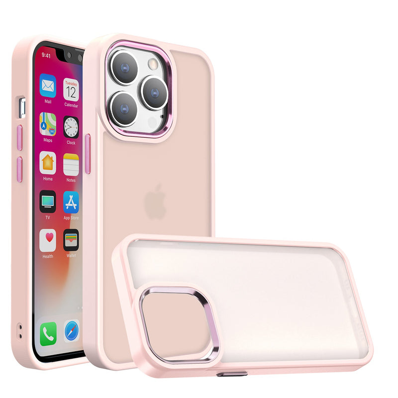 For Apple iPhone 14 PRO 6.1" Polished Oil Thick Acrylic Metal Button Hybrid Case Cover - Light Pink