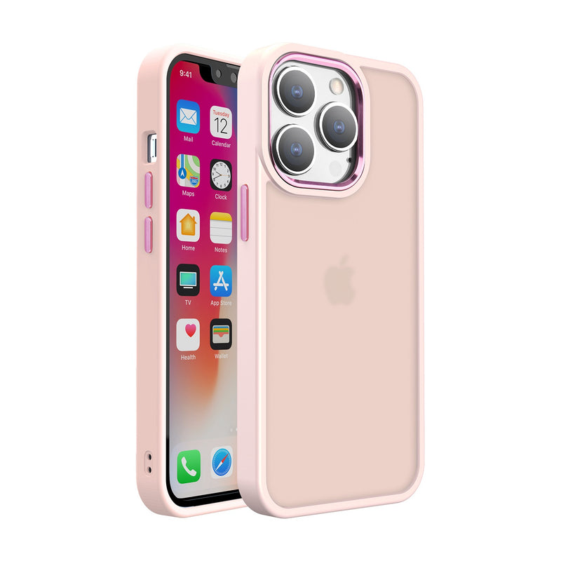 For Apple iPhone 14 PRO 6.1" Polished Oil Thick Acrylic Metal Button Hybrid Case Cover - Light Pink