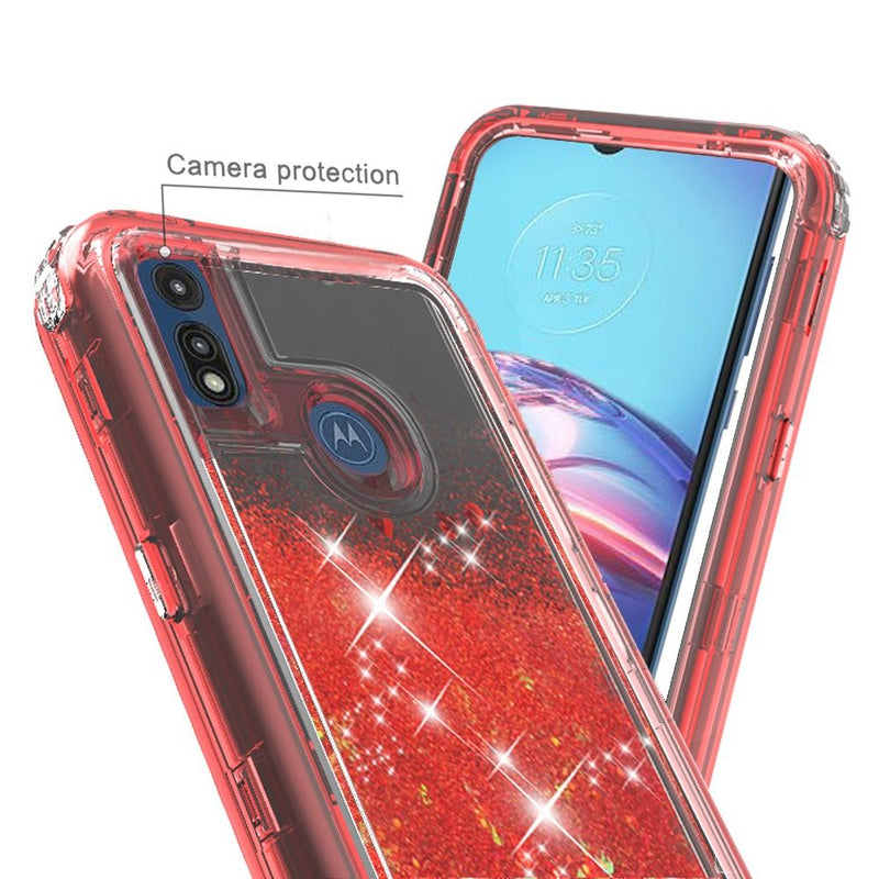 For Motorola Moto E (2020) Premium Transparent Quicksand Glitter Case Cover - Red