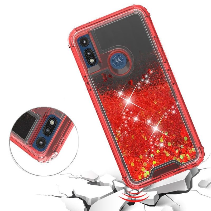 For Motorola Moto E (2020) Premium Transparent Quicksand Glitter Case Cover - Red