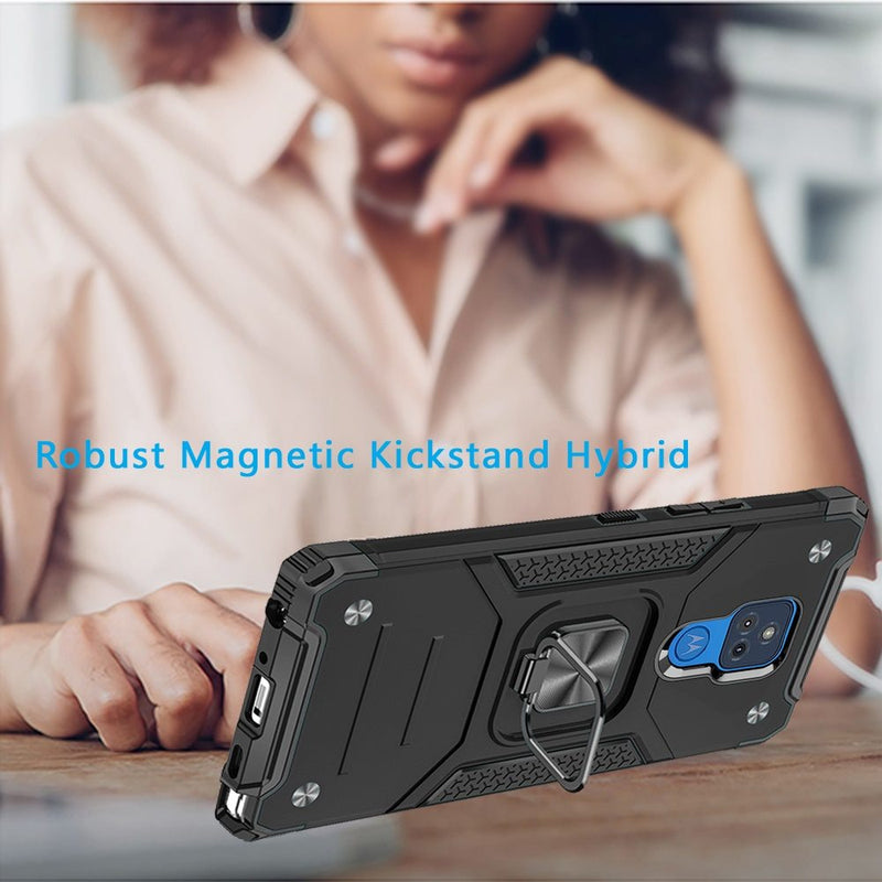 For Motorola Moto G Play 2021 Robust Magnetic Kickstand Hybrid Case Cover - Black