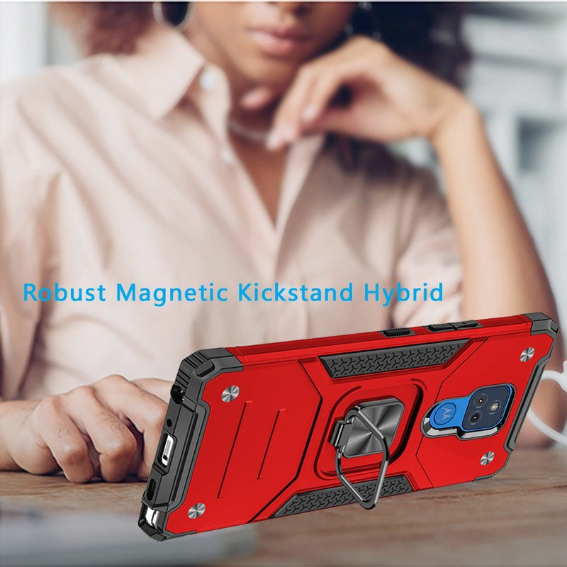 For Motorola Moto G Play 2021 Robust Magnetic Kickstand Hybrid Case Cover - Red