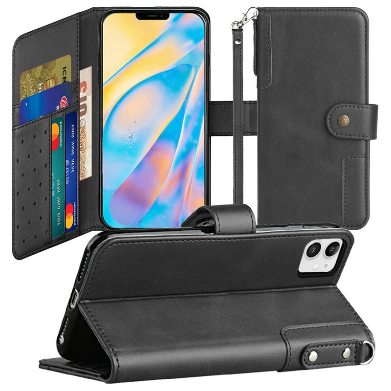 For iPhone 14 PLUS Retro Wallet Card Holder Case Cover - Black