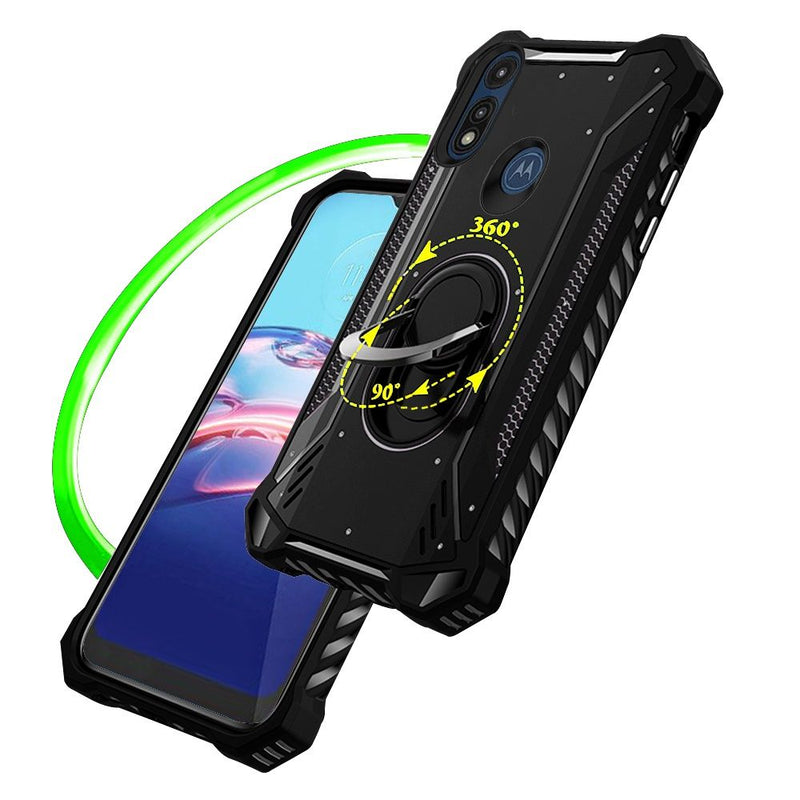 For Motorola Moto E (2020) Jacket Design Ring Magnetic Kickstand Case Cover - Black