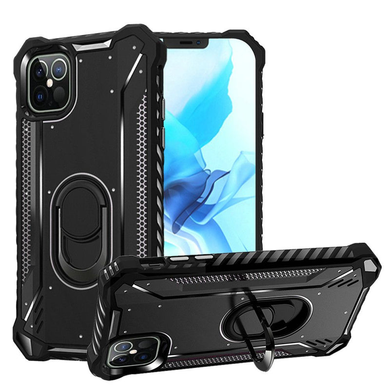 For iPhone 12 Pro Max 6.7 Jacket Design Ring Magnetic Kickstand Case Cover - Black