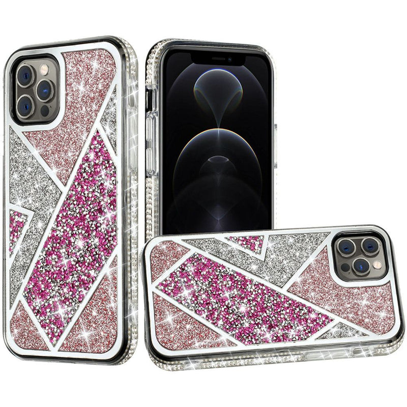 For iPhone 12 Pro Max 6.7 Rhombus Bling Glitter Diamond Case Cover - Rose Pink